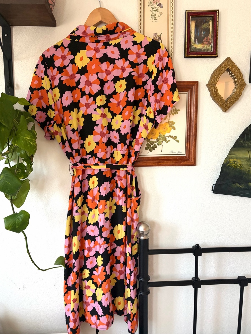ModCloth Retro Black Midi Dress with Pink, Orange & Yellow Floral Print - XL - Picture 4 of 11